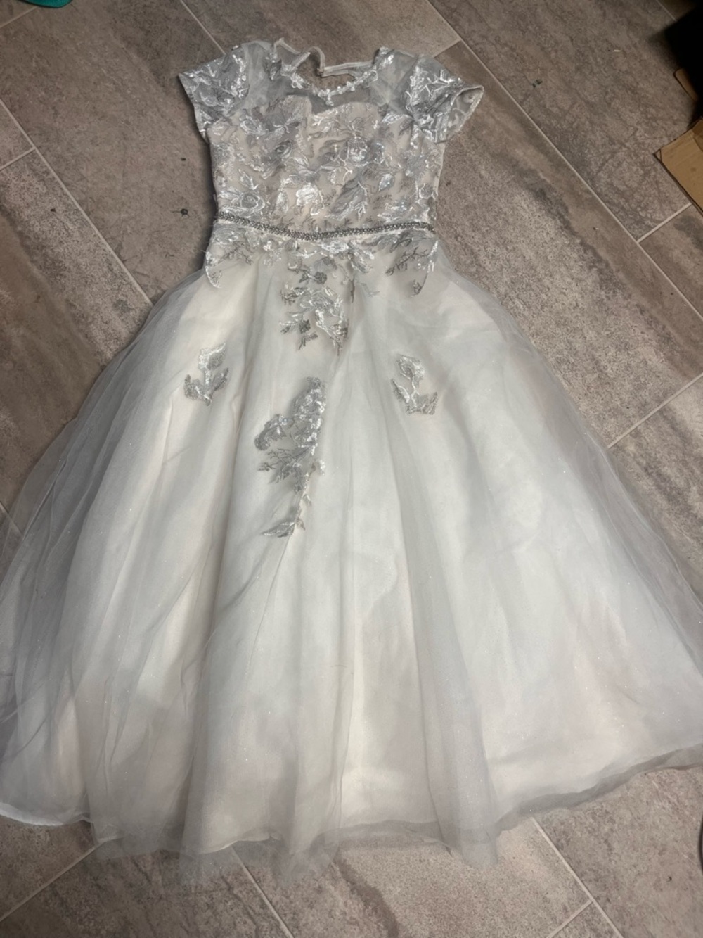 Ivory Tulle Flower Girl Dress with Silver Embellishment